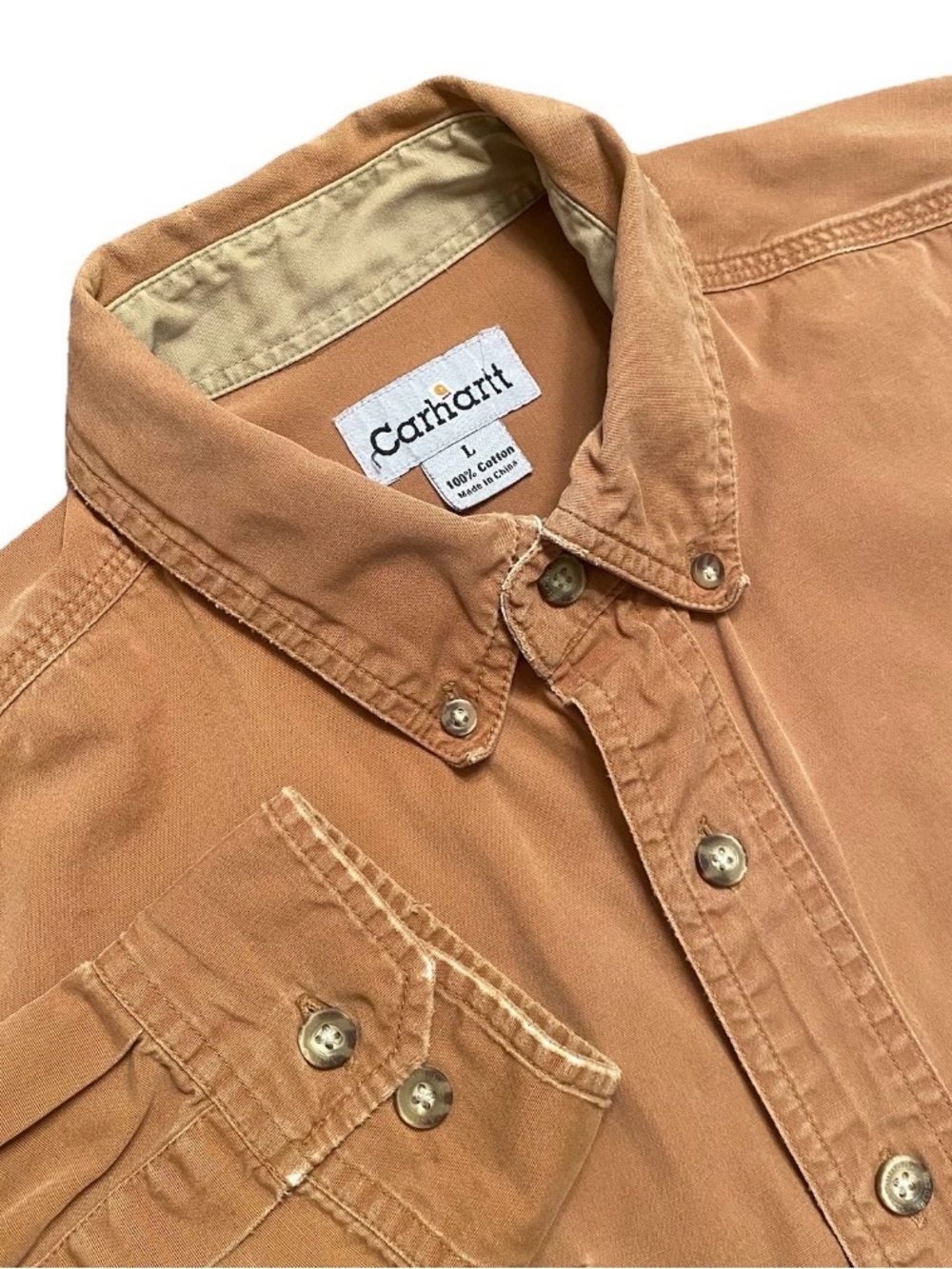 Carhartt Men’s Size Large Button-Down Work Utility Shirt 100% Cotton Brown Tan